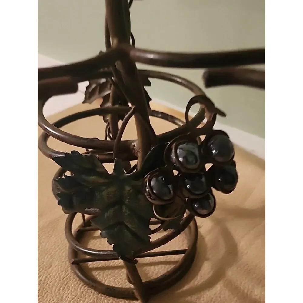 Wrought Iron Wine Bottle Holder with Leaf & Grape Accents - Brown